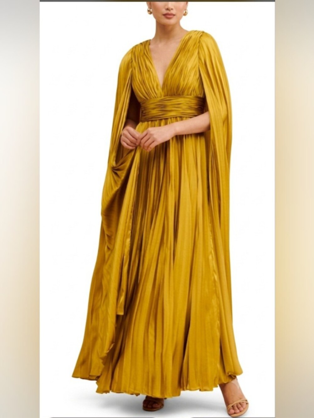 Pleated Charmeuse V-Neck Cape Gown Maxi Dress- Size 10